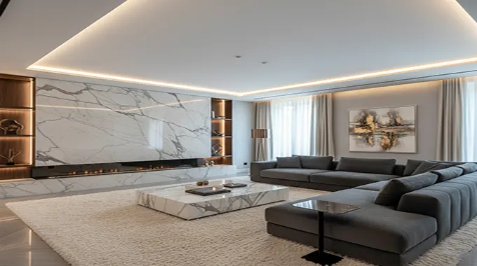 Illuminated Elegance: Luxury Modern Living Room Ideas with LED Lighting and Marble Accents