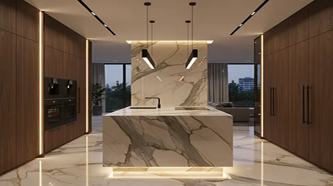 Illuminated Opulence: Luxury Kitchen Design with Marble Countertops and Integrated LED Lighting
