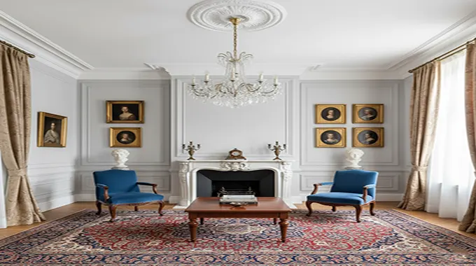 Timeless Sophistication: Classic Living Room Decor with Chandeliers and Molding Accents