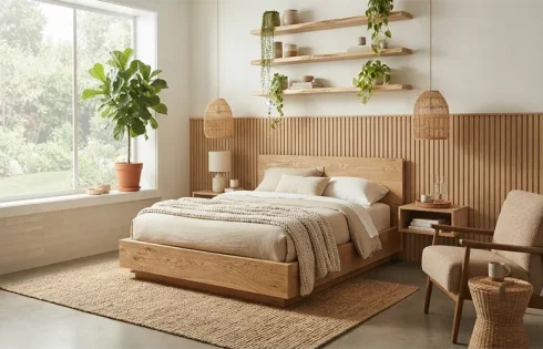 Biophilic Modern Bedroom Design Ideas with Natural Wood Textures and Indoor Plants