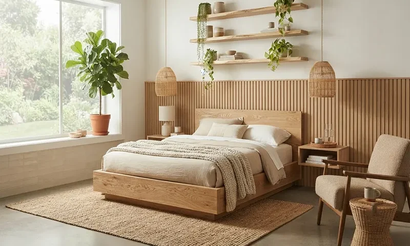 Biophilic Modern Bedroom Design Ideas with Natural Wood Textures and Indoor Plants