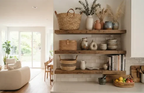 How to Arrange Signature Homestyle Baskets and Pottery Vases on Open Kitchen Shelves