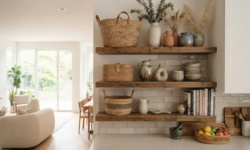 How to Arrange Signature Homestyle Baskets and Pottery Vases on Open Kitchen Shelves