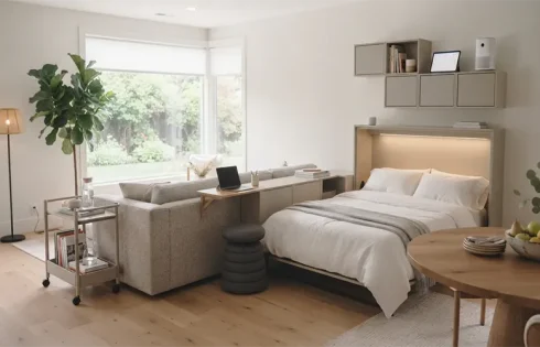 Small Home Office Guest Room Design Ideas with Space-Saving Hidden Murphy Beds