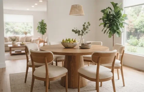 Solid Oak Round Dining Room Furniture Sets with Upholstered Curved Chairs