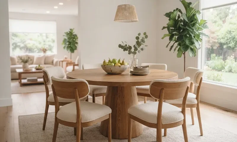 Solid Oak Round Dining Room Furniture Sets with Upholstered Curved Chairs